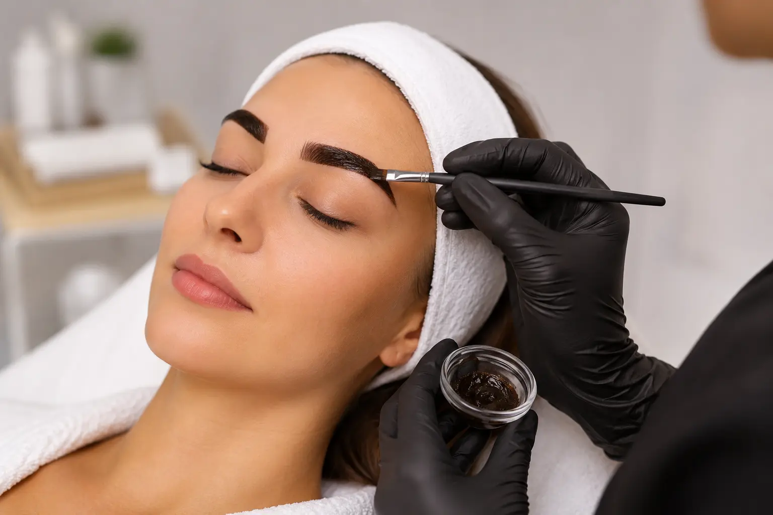 Esthetician applying eyebrow and eyelash tint on a client at Serene Beauty & Browz in Warren, Michigan